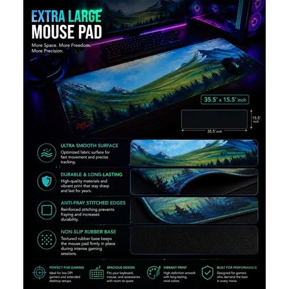 XXL Gaming Mouse Pad Bob Ross Mountain Lake Desk Mat 35.5x15.5 Non Slip